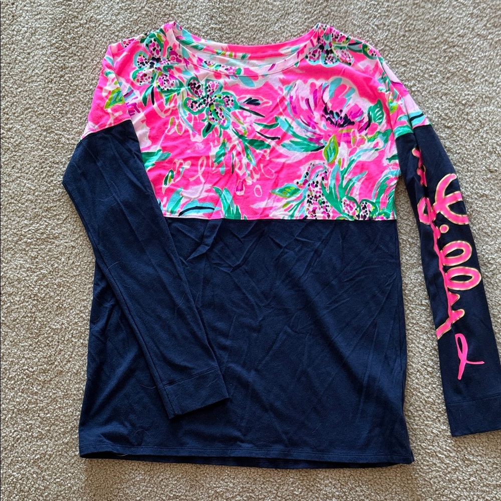Lilly Pulitzer Pink Floral and Navy Long Sleeve Tee